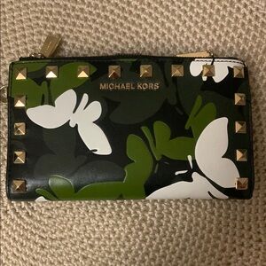 Michael Kors Black and Green Floral Studded Wallet